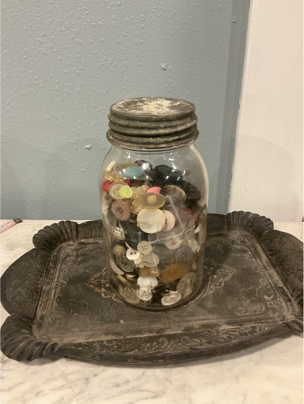 Old Glass Jar Filled with Assorted Old Buttons